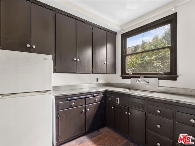 kitchen with dark hardwood / wood-style flooring, dark brown cabinetry, sink, and white fridge