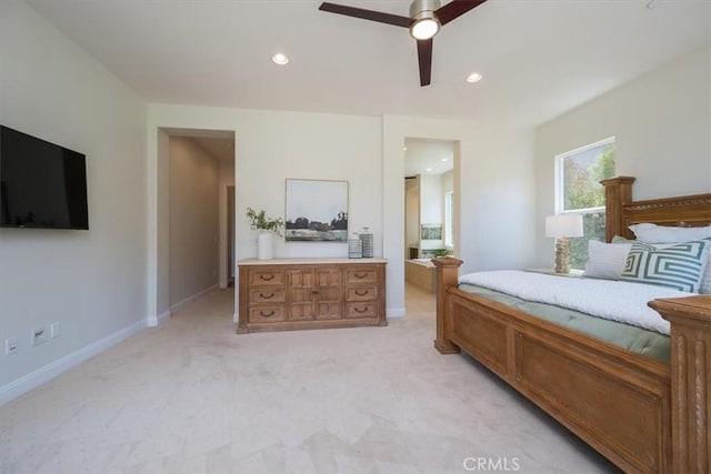 bedroom featuring light carpet, baseboards, a ceiling fan, and recessed lighting