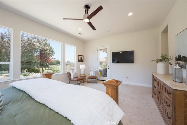 bedroom with recessed lighting, light colored carpet, visible vents, a ceiling fan, and baseboards