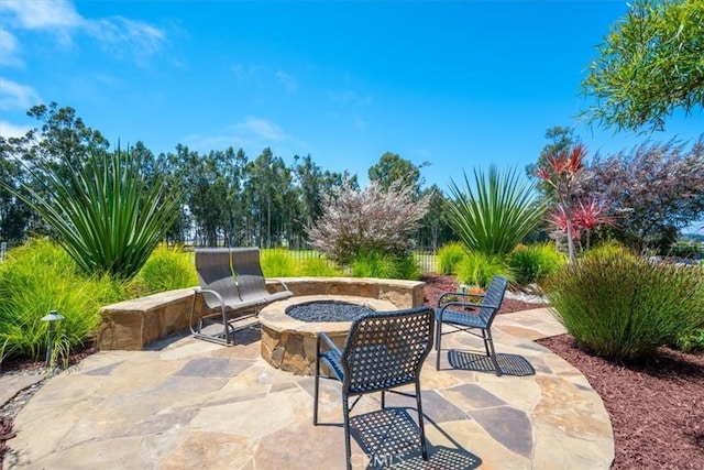 view of patio / terrace featuring an outdoor fire pit