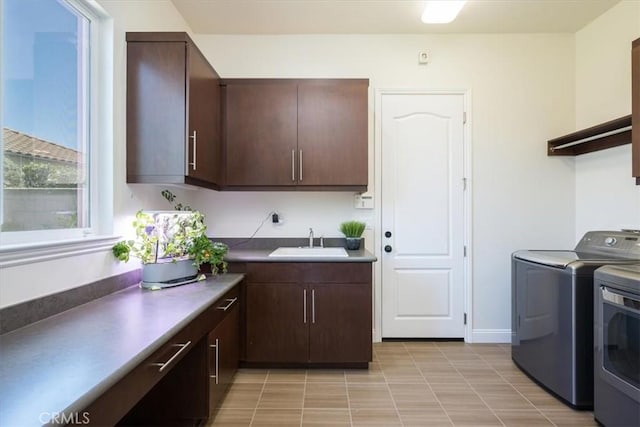 kitchen featuring dark brown cabinetry, washer and dryer, and a sink