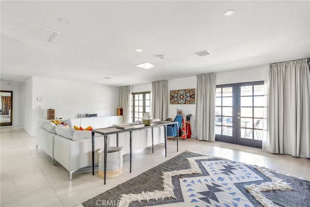 tiled living room with french doors