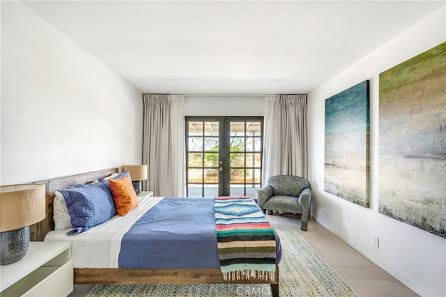 bedroom featuring french doors and light tile patterned flooring