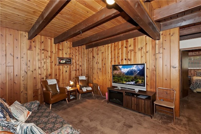 living area featuring wooden ceiling, beam ceiling, wood walls, and carpet floors