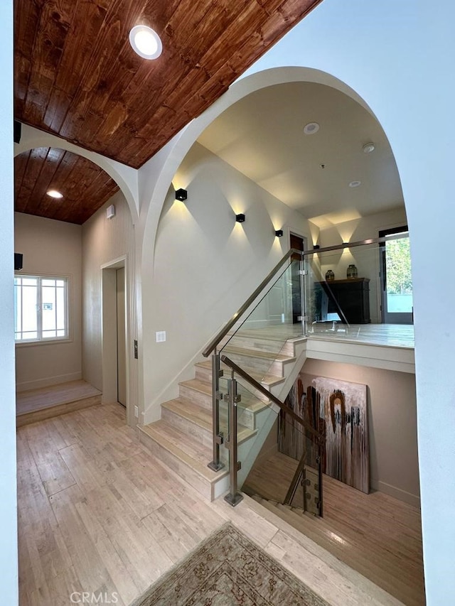 interior space featuring wood ceiling and hardwood / wood-style floors