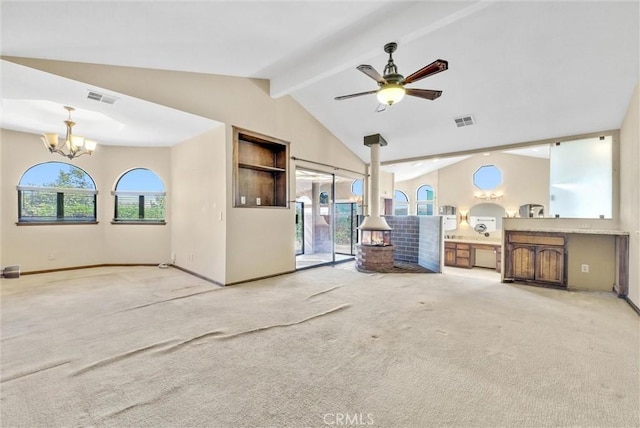 unfurnished living room featuring light carpet, vaulted ceiling with beams, and ceiling fan with notable chandelier