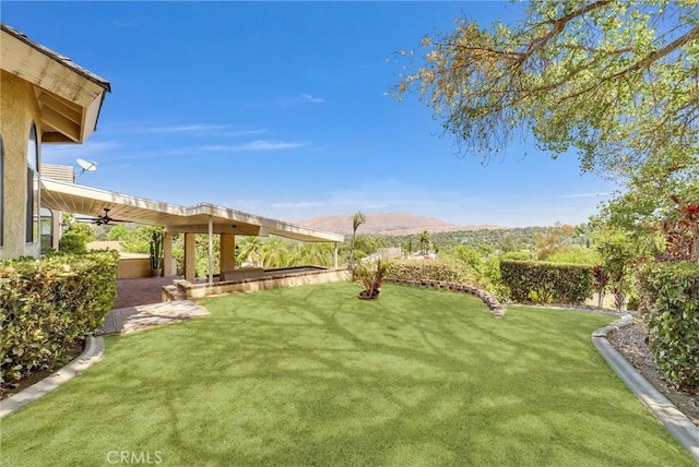 view of yard featuring a mountain view and ceiling fan