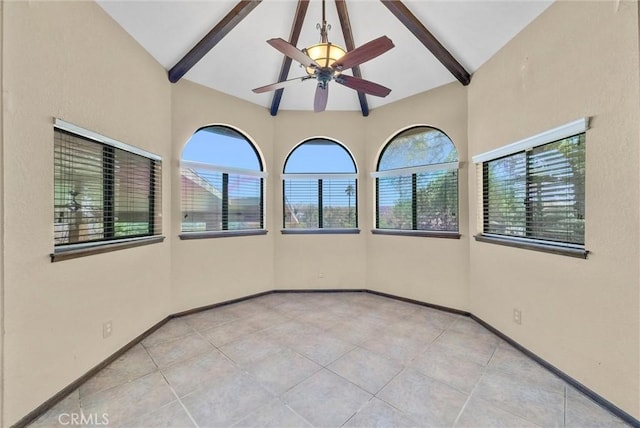 tiled spare room featuring beam ceiling, high vaulted ceiling, and ceiling fan