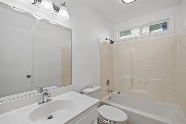 full bathroom featuring shower / bathing tub combination, vanity, lofted ceiling, and toilet