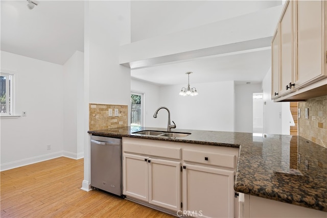 kitchen with dishwasher, light wood-type flooring, sink, and a wealth of natural light