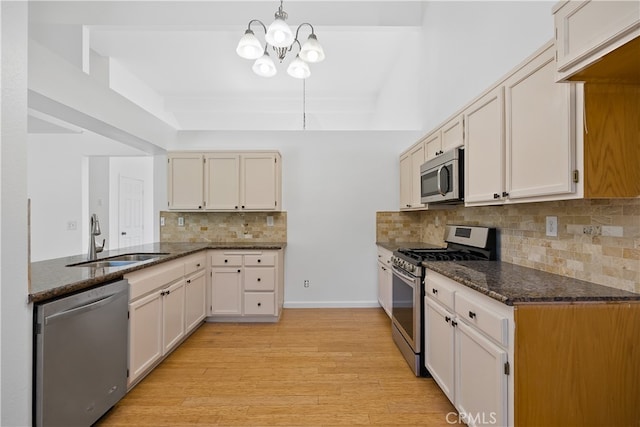 kitchen featuring sink, white cabinetry, stainless steel appliances, a notable chandelier, and light wood-type flooring