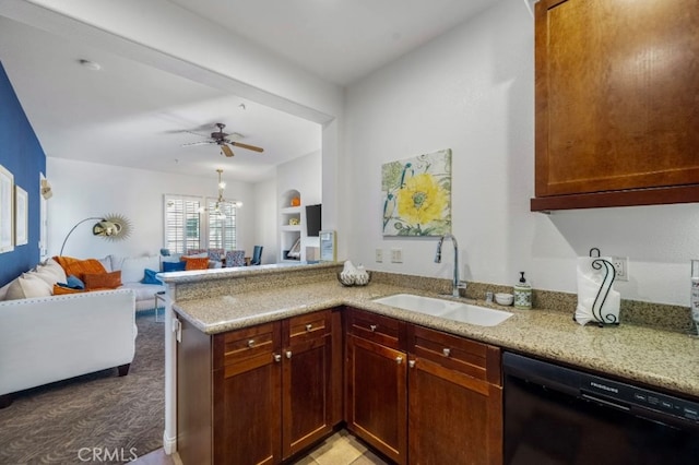 kitchen with light stone counters, black dishwasher, kitchen peninsula, sink, and light colored carpet