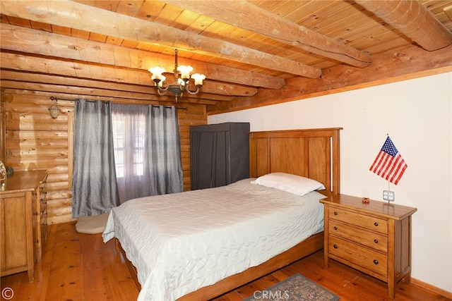 bedroom featuring beamed ceiling, wood-type flooring, wood ceiling, and a chandelier