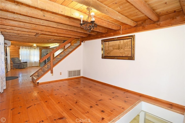 basement with hardwood / wood-style flooring, wooden ceiling, and a chandelier