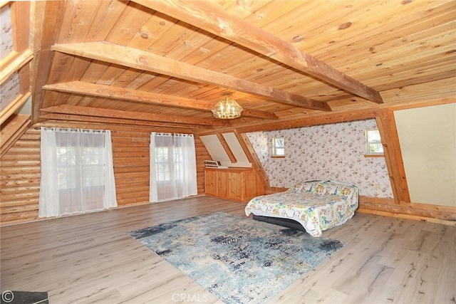 unfurnished bedroom with a chandelier, wooden ceiling, and light hardwood / wood-style flooring