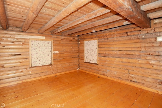 spare room featuring wood walls, hardwood / wood-style floors, beamed ceiling, and wood ceiling