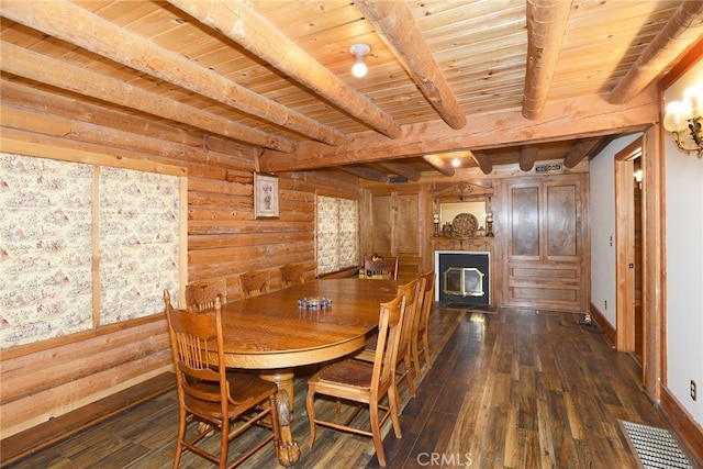 dining area with beamed ceiling, a wood stove, dark wood-type flooring, and wood ceiling