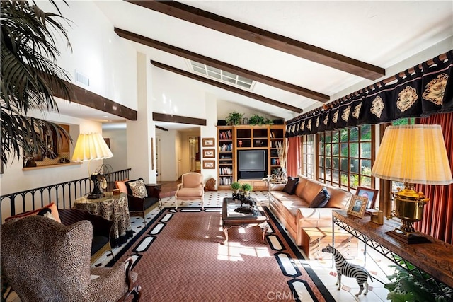 living room with high vaulted ceiling and beamed ceiling