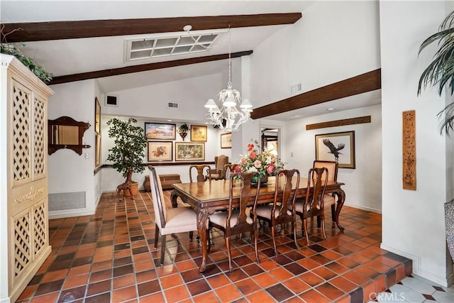 dining room featuring a chandelier, beam ceiling, and high vaulted ceiling