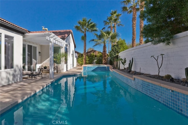 view of pool with a patio, a fenced backyard, a pergola, and a pool with connected hot tub