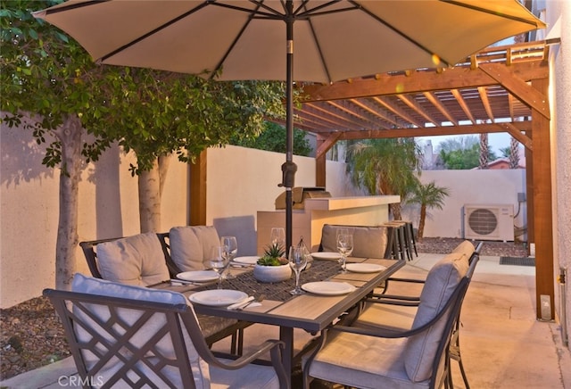 view of patio featuring ac unit, fence, outdoor dining space, and a pergola