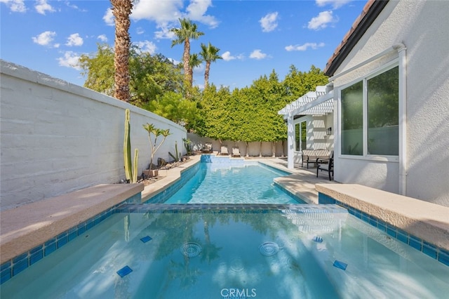 view of pool with a patio, a fenced backyard, a pergola, and a pool with connected hot tub