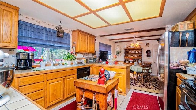 kitchen featuring black dishwasher, sink, tile counters, kitchen peninsula, and electric stove