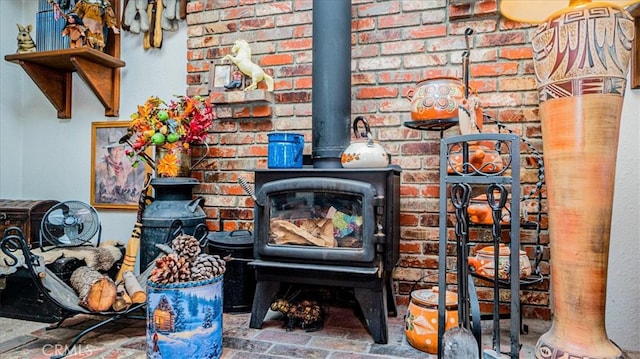 room details featuring a wood stove