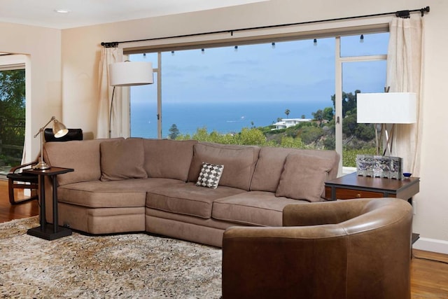 living room featuring a water view and hardwood / wood-style flooring