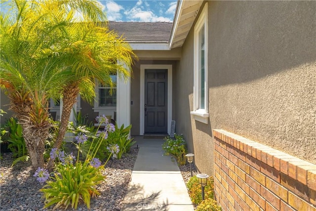 view of exterior entry with stucco siding