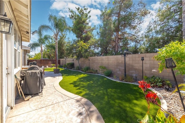 view of yard with a fenced backyard and a patio