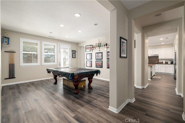 playroom with pool table, baseboards, dark wood finished floors, and recessed lighting