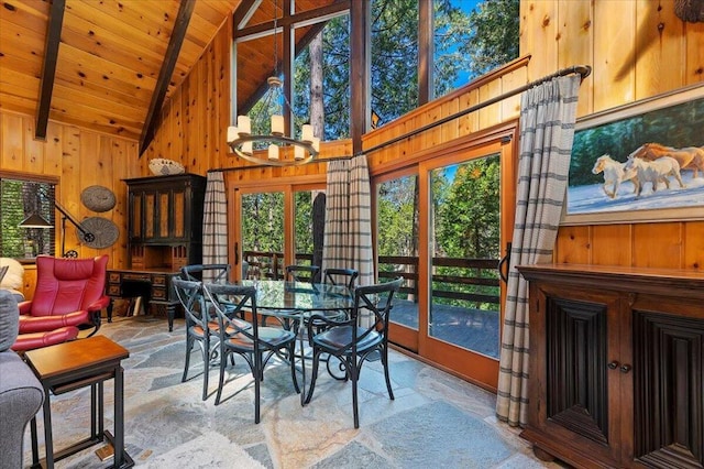 tiled dining area with wooden ceiling, high vaulted ceiling, wooden walls, and beamed ceiling