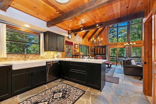 kitchen featuring light tile patterned floors, sink, stainless steel dishwasher, wooden ceiling, and kitchen peninsula