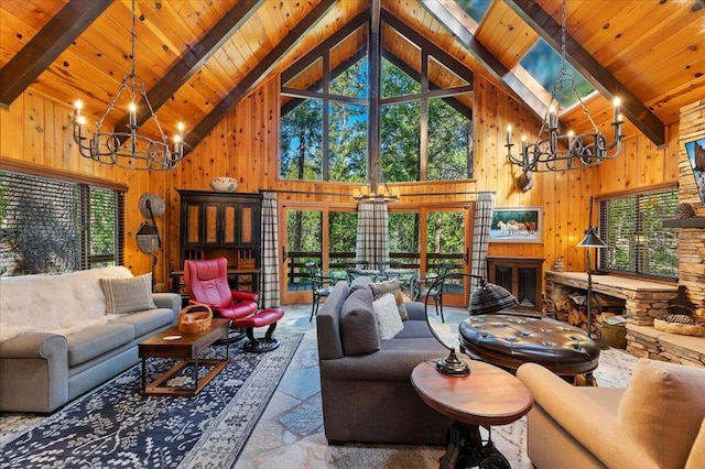 living room with beam ceiling, high vaulted ceiling, and wooden ceiling