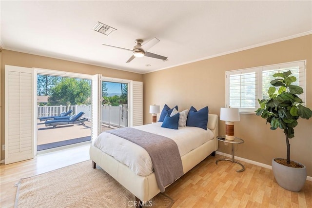 bedroom with ceiling fan, light wood-type flooring, crown molding, and access to outside