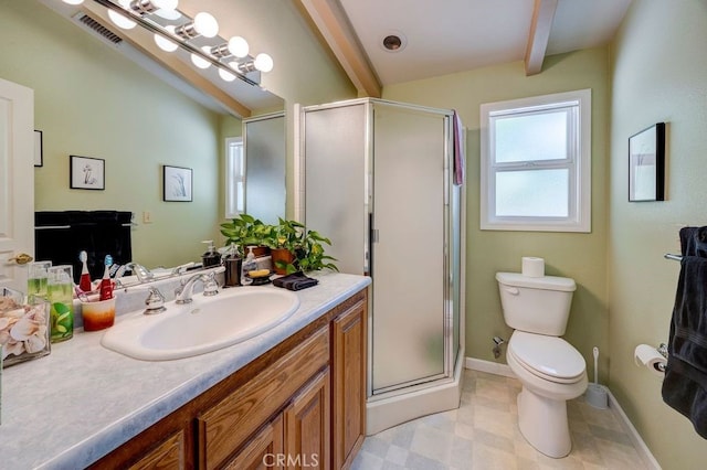 bathroom featuring walk in shower, toilet, tile patterned flooring, beamed ceiling, and vanity