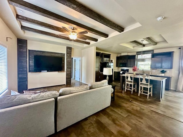 living room with sink, ceiling fan, plenty of natural light, and a tray ceiling