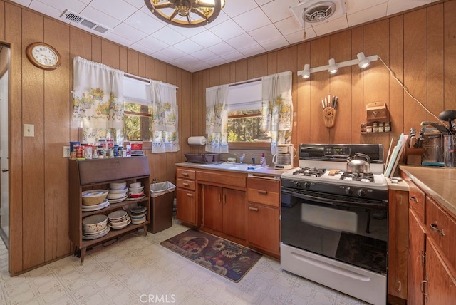 kitchen with white gas stove, wooden walls, and a wealth of natural light