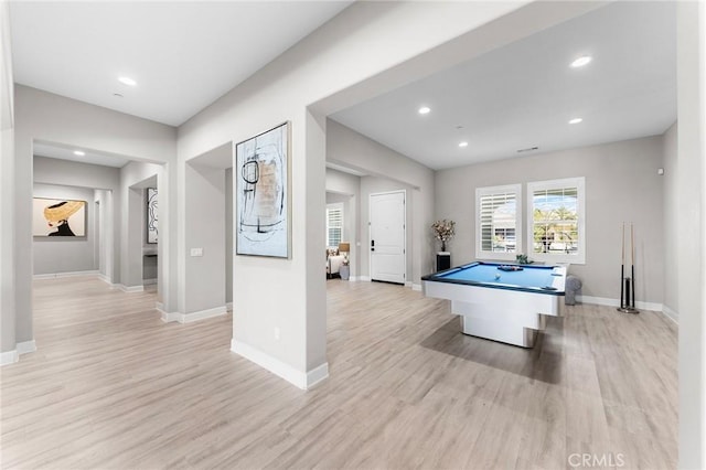 recreation room featuring light hardwood / wood-style flooring and pool table