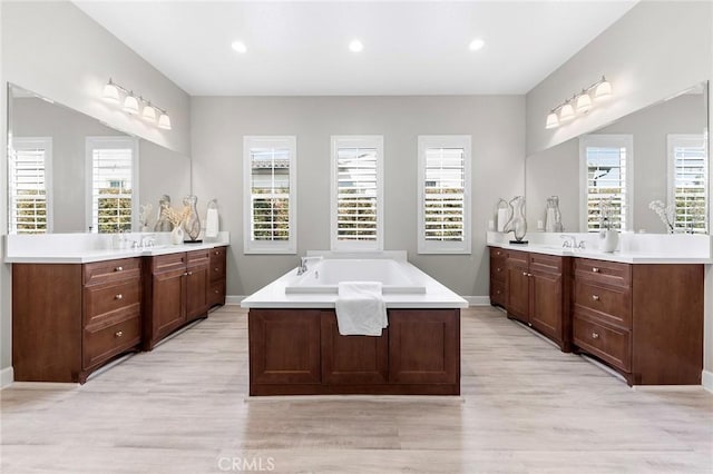 bathroom featuring wood-type flooring, vanity, and a tub