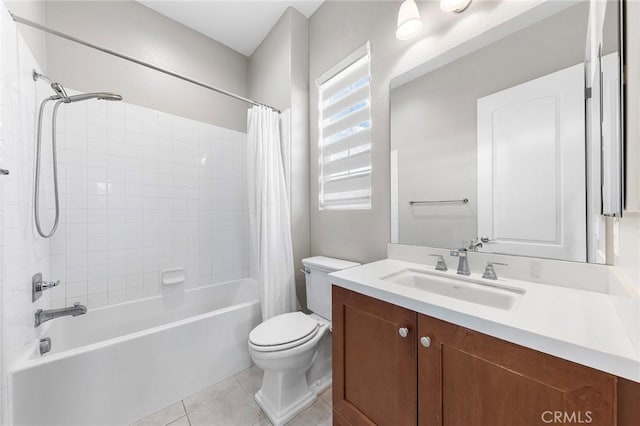 full bathroom with tile patterned floors, vanity, toilet, and shower / bathtub combination with curtain