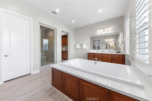 bathroom featuring hardwood / wood-style flooring, vanity, and plus walk in shower