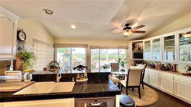 kitchen with white cabinetry, stainless steel dishwasher, vaulted ceiling, sink, and ceiling fan