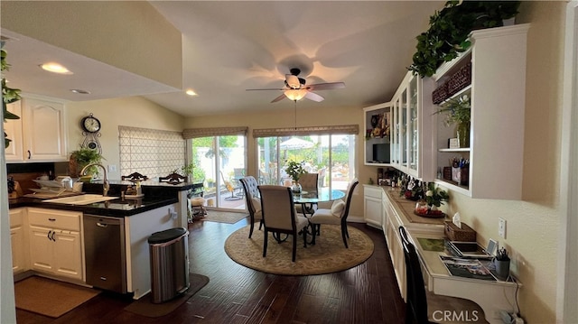 kitchen with ceiling fan, stainless steel dishwasher, dark hardwood / wood-style floors, white cabinetry, and sink