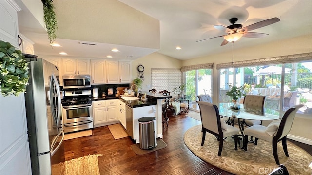 kitchen featuring white cabinets, dark wood-type flooring, a wealth of natural light, and stainless steel appliances