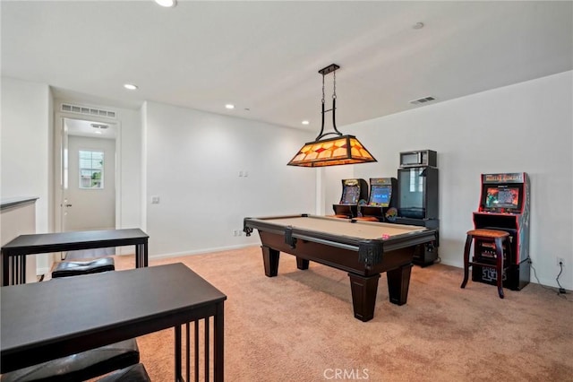 game room with recessed lighting, light carpet, billiards, and visible vents