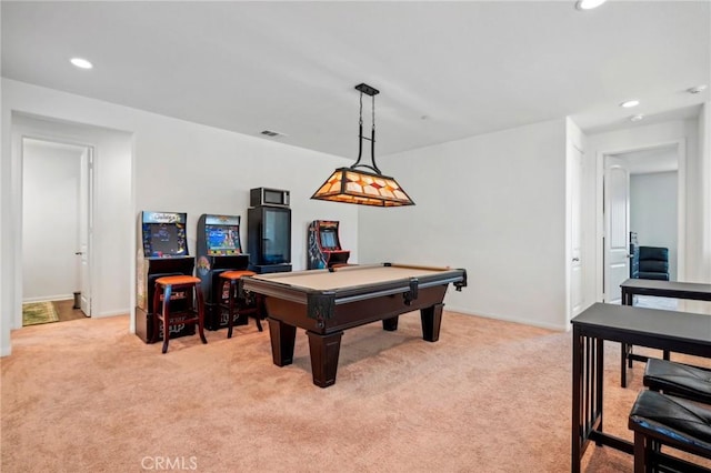 playroom featuring billiards, visible vents, baseboards, light colored carpet, and recessed lighting