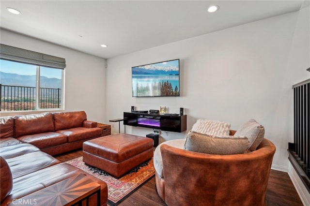 living room featuring a mountain view and wood-type flooring