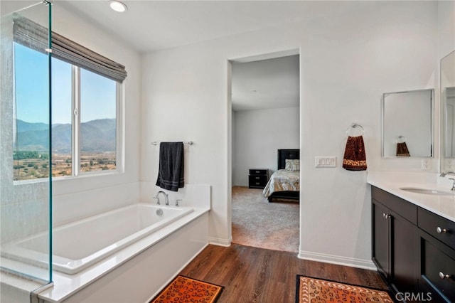 bathroom featuring hardwood / wood-style floors, a mountain view, vanity, and a bath